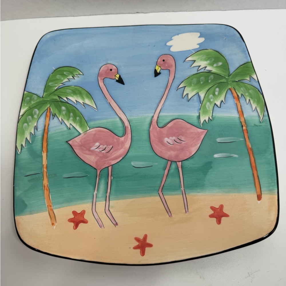 Pink Flamingo Ceramic Serving Platter - Tropical Beach Design